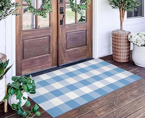 BUAGETUP 24x51 Light Blue Buffalo Plaid Outdoor Rug - Washable Doormat for Entryway