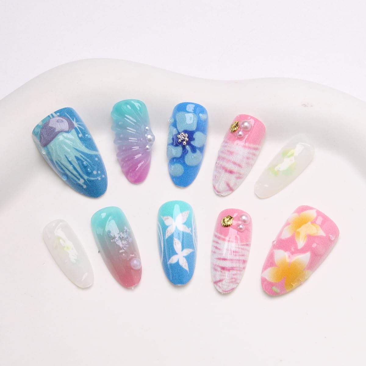 30Pcs Summer Beach Press On Nails - Medium Almond Shaped 3D Jellyfish & Flower Design | Reusable Pink & Blue Acrylics