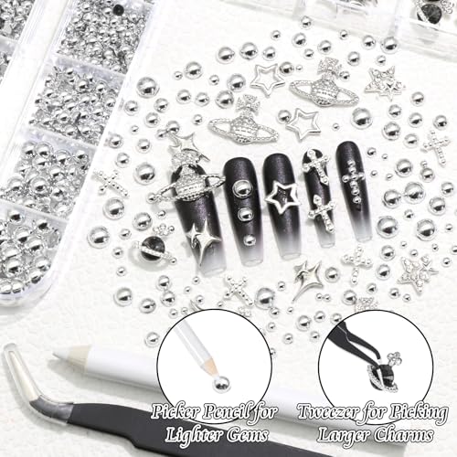 BELICEY 2 Boxes 3D Nail Charms & Silver Pearls Assorted Kit – Stars, Cross, Planet, Saturn Charms