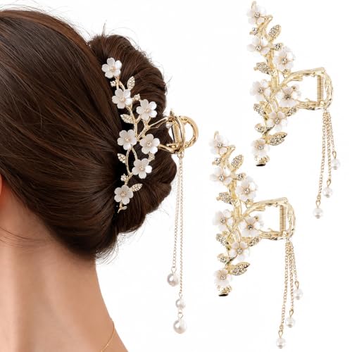 KICOSY 2 Pack Flower Claw Clips with Pearl Tassel - Gold Floral Hair Accessories for Women, White Variant