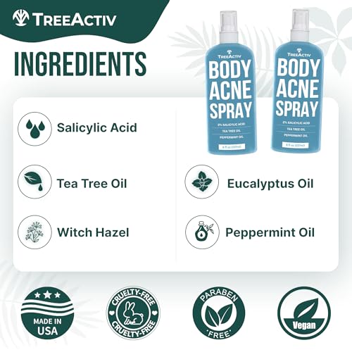 TreeActiv Body & Back Acne Spray with Salicylic Acid 8oz for Clear Skin