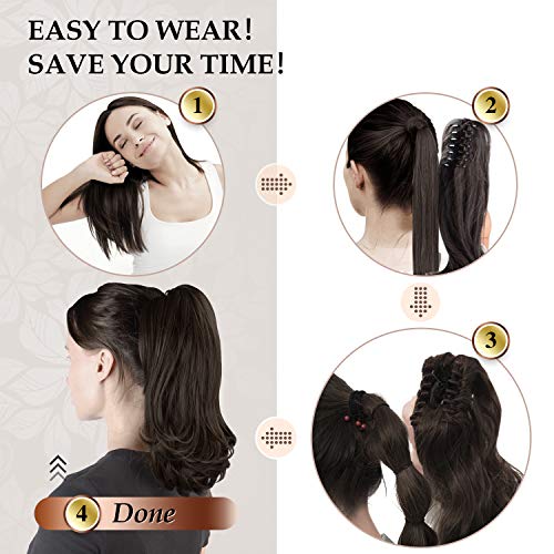 SOFEIYAN 13 Inch Long Curly Ponytail Extension - Dark Brown/Golden Auburn Clip-in Hairpiece