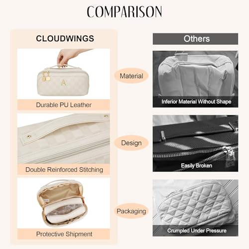 CLOUDWINGS Beige Initial Makeup Bag Set Travel Toiletry Organizer for Women