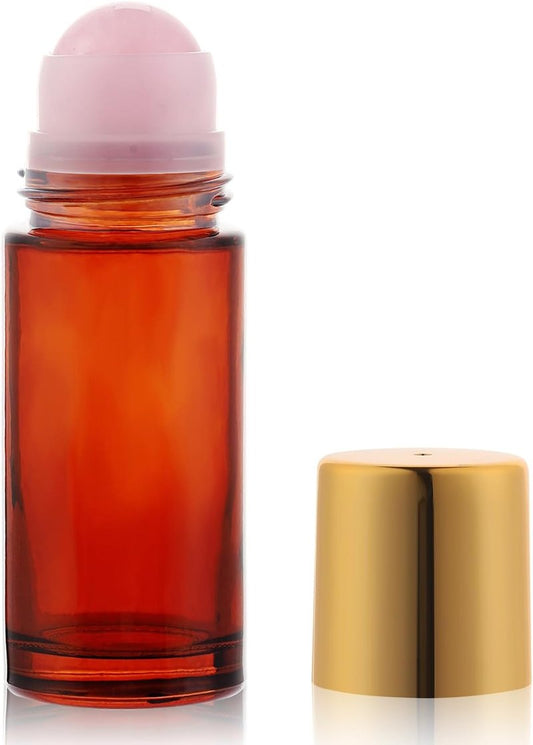 Amber Glass Roll-On Bottles for Essential Oils - 1.7oz Refillable Rollerball with Pink Crystal Applicator