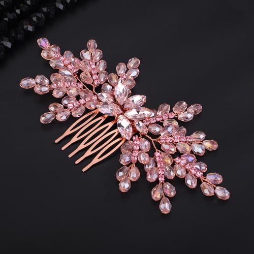 Teyglen Pink Rhinestone Crystal Wedding Hair Comb for Bridal Prom