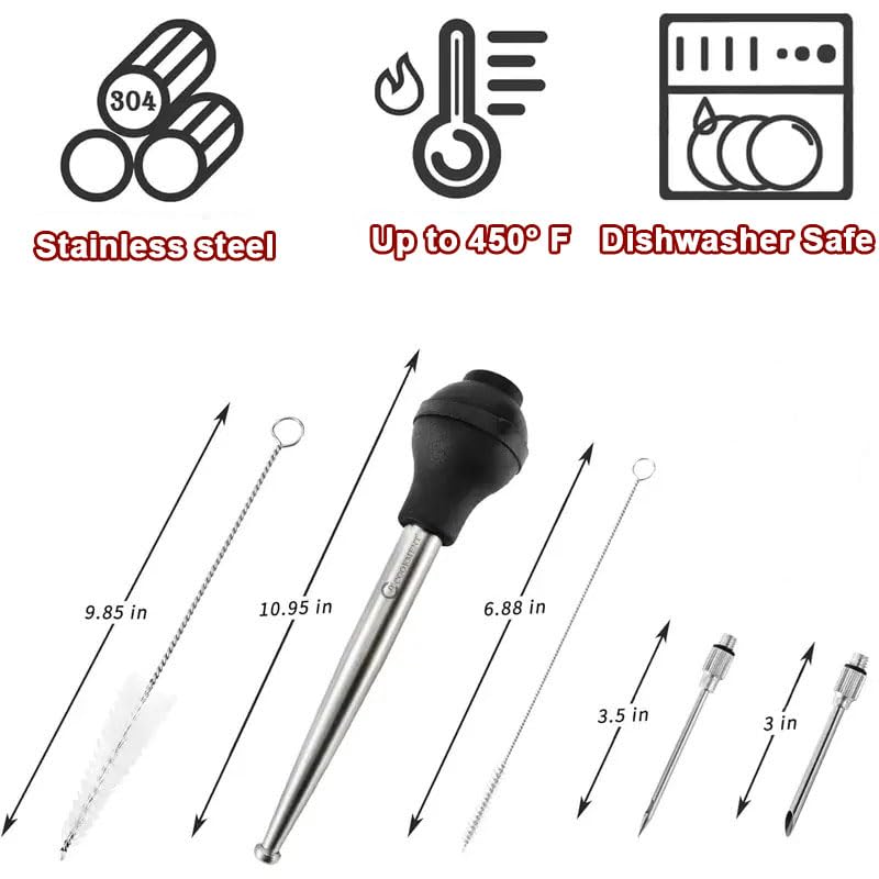 Stainless Steel Turkey Baster with Silicone Bulb & Marinade Tools