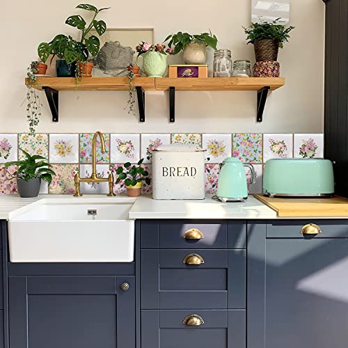 Alwayspon Peel and Stick Vinyl Tile Stickers - 10 Pcs Floral Decals for Kitchen & Bathroom
