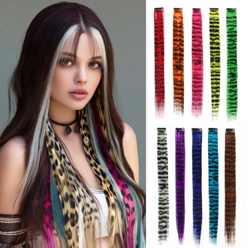 Multicolor Leopard Print Clip-In Hair Extensions 18 Inch Synthetic Striped Hairpieces for Women