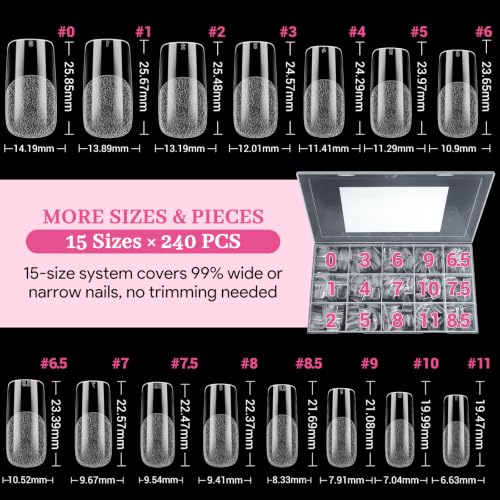Medium Square Nail Tips - Clear Half Matte Finish, 240 Pcs