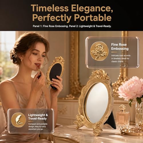 Portable Oval Resin Makeup Mirror with Rose Relief Frame