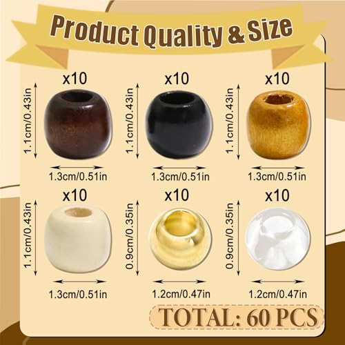 Wooden Hair Beads for Braids & Dreadlocks - 60 Pcs Hair Jewelry Kit
