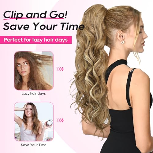 REECHO Platinum Blonde Ponytail Extension 24 Inch Long Curly Clip-In Hairpiece for Women