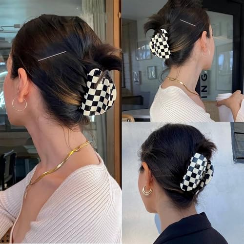 SINIDE Checkered Hair Claw Clips 4 Pack - Multicolor Acrylic Semicircle Barrettes for Women (Pattern C)