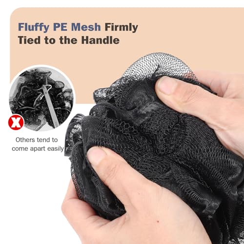 ROLIZOE 17-Inch Black Non-Slip Back Scrubber with Handle - Hand Shower Loofah & Loofah on a Stick Set