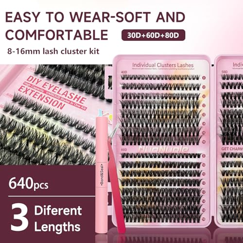 NuoNuole Cluster Lashes Kit - 640Pcs Natural Short Wispy 40D, 50D, 60D (8-16mm)