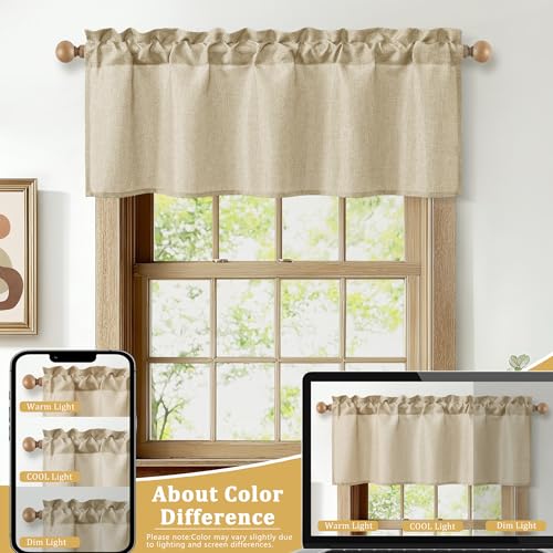 JIUZHEN Faux Linen Window Valance - Light Filtering Beige 52x18