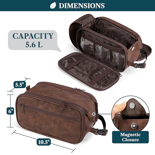PAVILIA Large Dark Brown Toiletry Bag for Men - Water Resistant Travel Dopp Kit