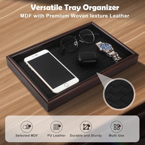 Wooden Valet Tray with Leather Base - Nightstand Organizer for Essentials