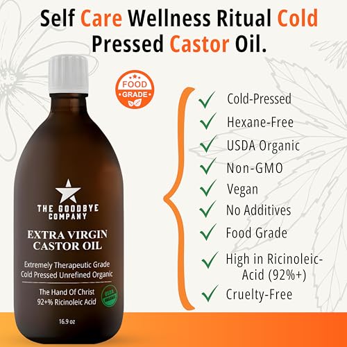 GoodBye Company USDA Organic Cold-Pressed Castor Oil, 16.9 oz Amber Glass Bottle, Hexane-Free, Extra Virgin, Food Grade, for Hair, Skin, Lashes, Brows & Digestive