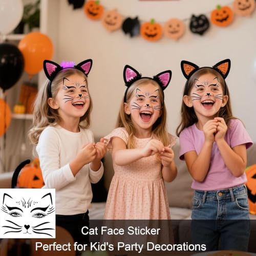 Halloween Cat Face Sticker Set with Glitter Black Cat Whiskers & Features