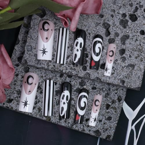 Halloween Nails Set - 24 Long Square Fake Nail Tips with Ghost & Moon Designs - Variation 5