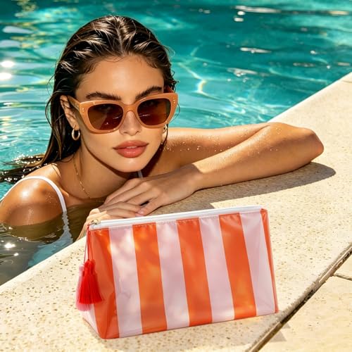 Cute Pink-Orange Striped Makeup Bag - Waterproof Travel Pouch