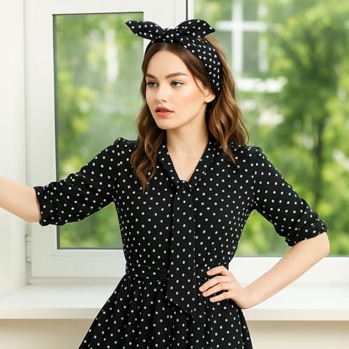 Hicarer Black Polka Dot Headband with Twist Bow - Small Dots