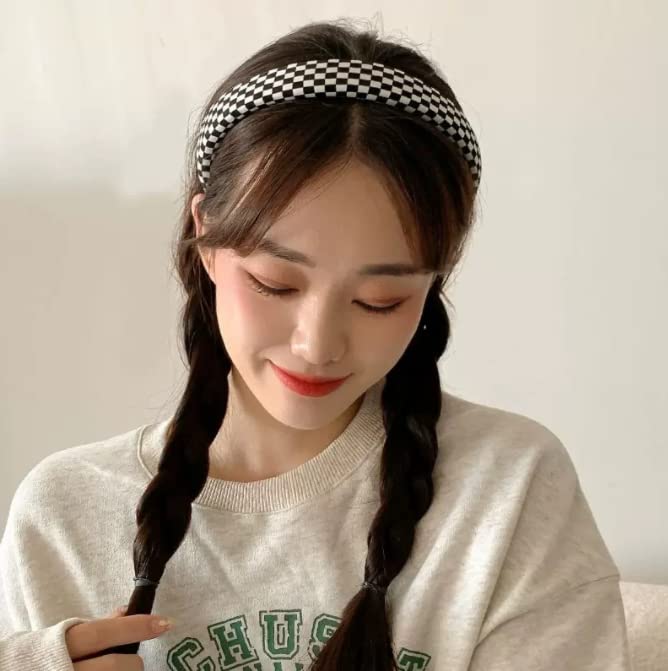 Black and White Checkered Headband for Women - Stretchable Tartan Hair Accessory
