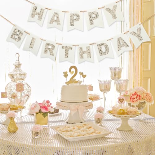 Gold & White Felt Happy Birthday Banner - Reusable Boho Decor