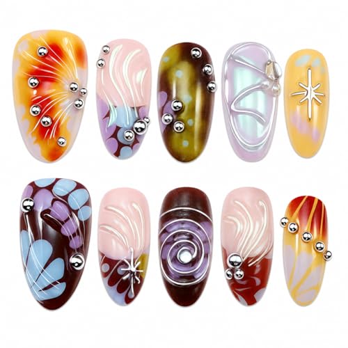 10pcs Almond Press-On Nails M - Gradient 3D Silver Rivets & Textures