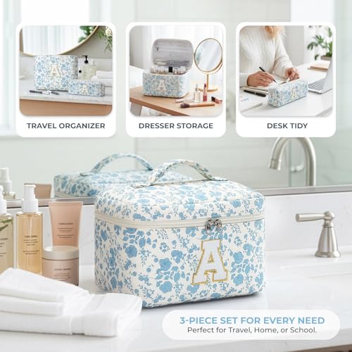 Yestar 3PCS Initial Makeup Bag Set - Quilted Floral Cosmetic Bags, White, M