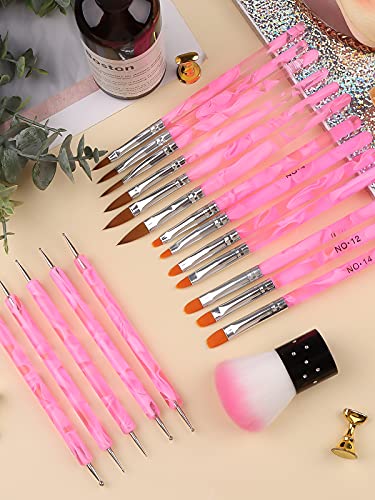 TOROKOM 19-Piece Pink Nail Art Brush and Dotting Tool Set for UV Gel