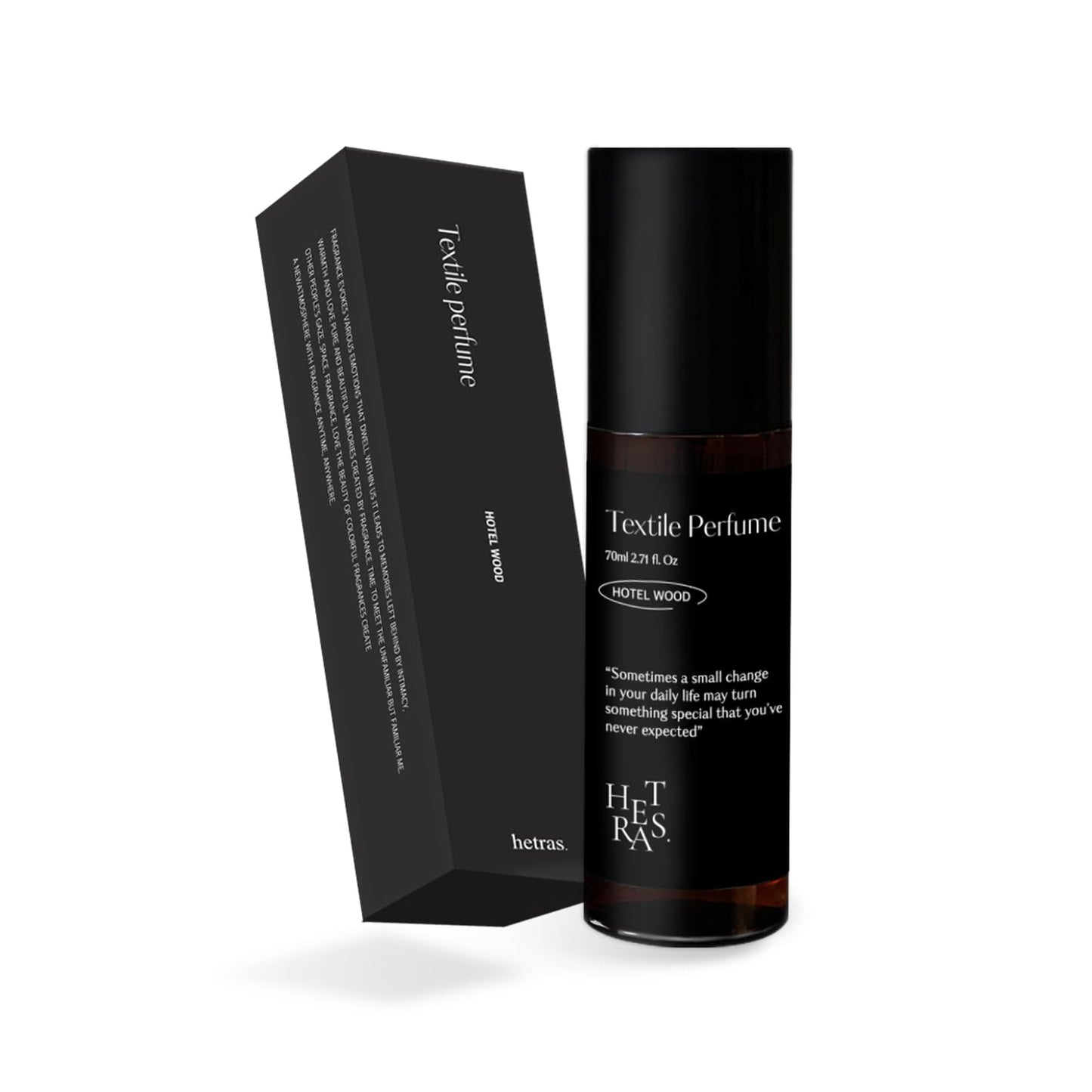hetras Textile Perfume (Hotel Wood Scent) – TSA-Approved Travel Fabric Spray with Wrinkle Release | 2.7 fl.oz Portable Clothing Odor Eliminator Mist | Deep Woody & Amber Luxury Hotel Aroma for Suits