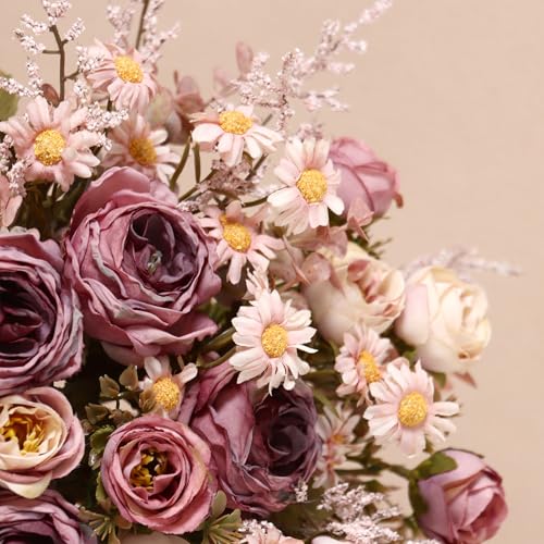 3PCS Pink Artificial Flower Bouquet - Silk Vintage Roses & Daisies