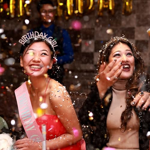 AOPRIE Gold Pink Birthday Girl Headbands Sash & Rhinestone Tiara Crown Set for Women Girls