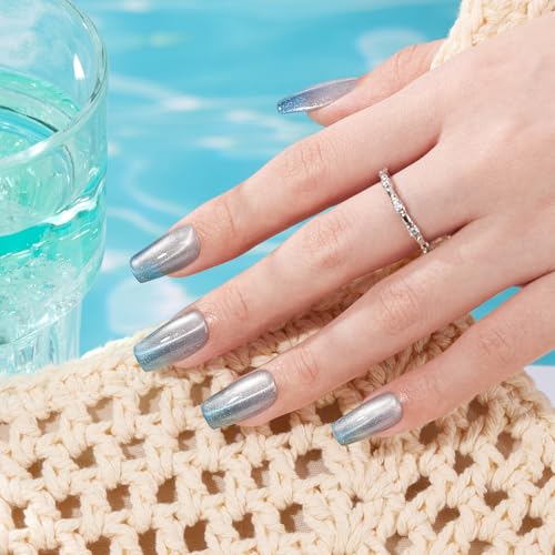 VSALON Medium Coffin Press on Nails - B3-1 Polar Glimmer, Icy Blue Ombre Cat Eye