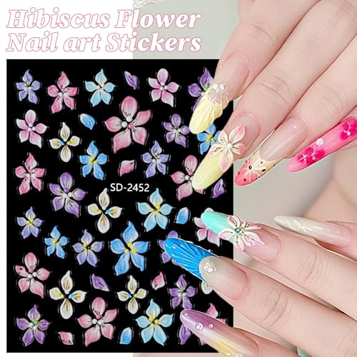 Hibiscus Flower Nail Stickers - 5D Embossed Floral Decals (6PCS)