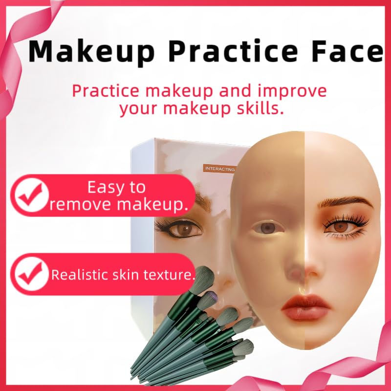 3D Makeup Practice Face - Reusable Silicone Mannequin Head with Stand & Brush Set | Ideal for Emerging Makeup Artists
