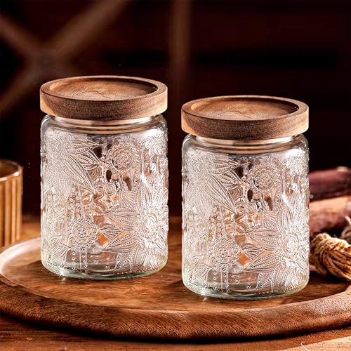 Vintage Glass Storage Jars with Wooden Lids - 24 oz Airtight Containers