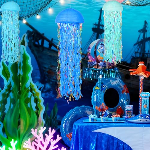 Set of 6 Blue Jellyfish Paper Lanterns - Ocean Theme Decor