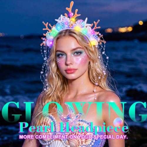 JEAIRTS LED Mermaid Seashell Headband with Starfish & Pearl Tassels