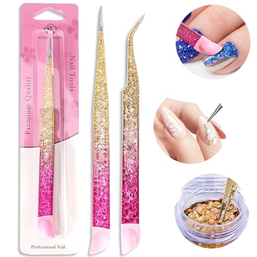 Ouligay 2Pcs Double Ended Nail Art Tweezers Set - Stainless Steel