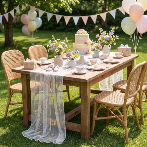 QueenDream Floral Table Runner 10FT White Embroidery Tulle