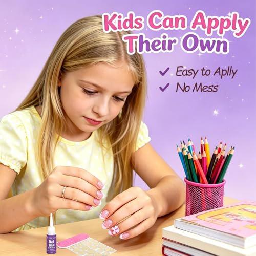 24pcs Kids Press On Nails with Pink Bow & Pearl - Non-Toxic Fashion Kit