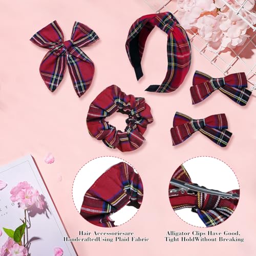 5-Piece Plaid Hair Accessory Set: Knotted Headband, Bows, and Scrunchie