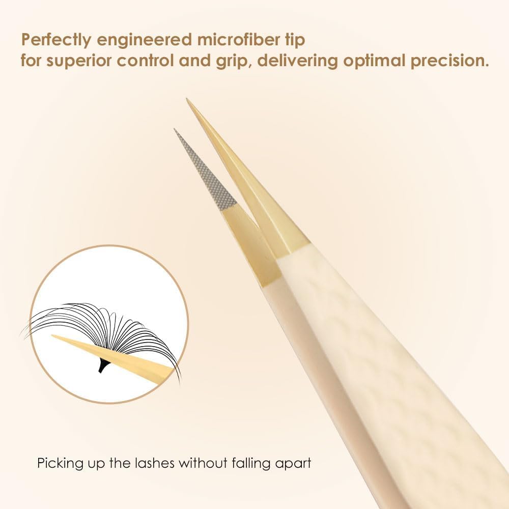 Beeutemaker Beige Fiber Tip Lash Tweezers for Eyelash Extensions – F Shape for Isolation, Professional Precision Tweezers for Lash Technicians