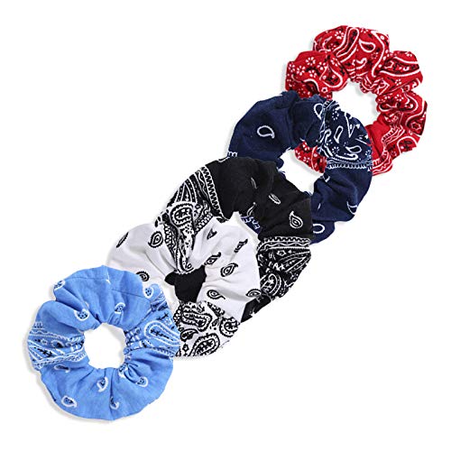 Paisley Print Cotton Scrunchies Hair Ties 5PCS for Women, Elastic Hair Elastics