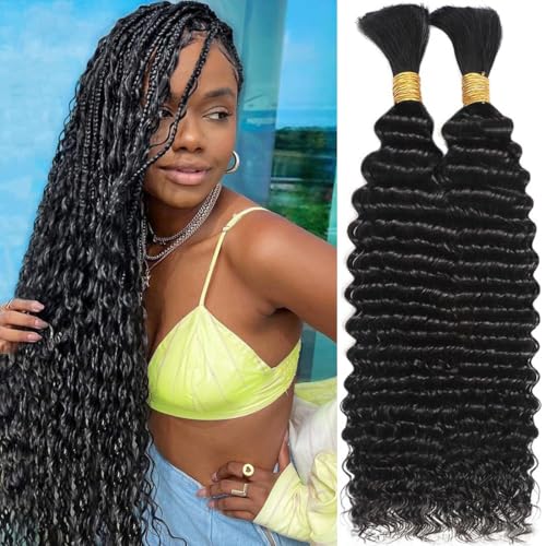 Human Braiding Hair for Boho Braids 110g 20 Inch Deep Water Wave Bulk Human Boho Hair for Braiding No Weft 12A Wet and Wavy Curly Human Hair Extensions 2 Bundles/Pack Natural Color