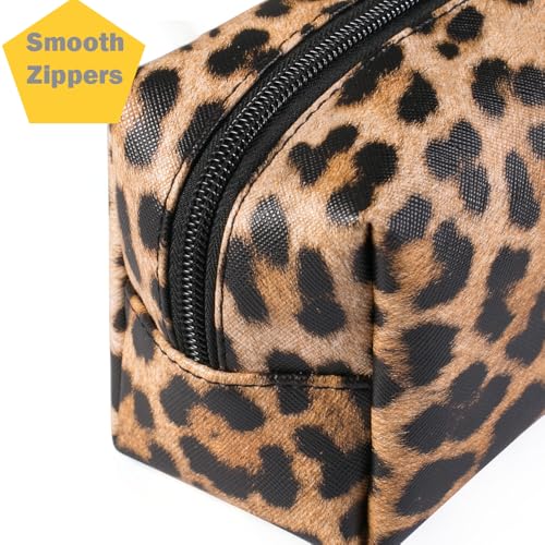 Brown Leopard Print Leather Cosmetic Bags Set - Travel Makeup Organizer for Women