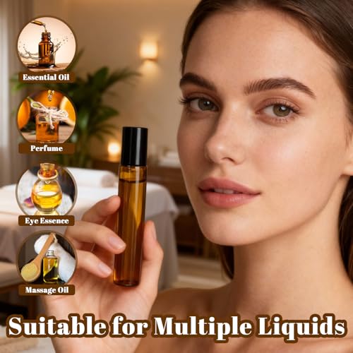 54 Pack 10ml Amber Glass Roller Bottles with Stainless Steel Roller Balls